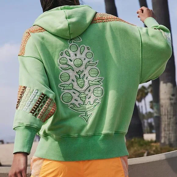 Free People Sprint To The Finish Geo Logo Hoodie Womens S Sour Apple Combo Green - Picture 2 of 7